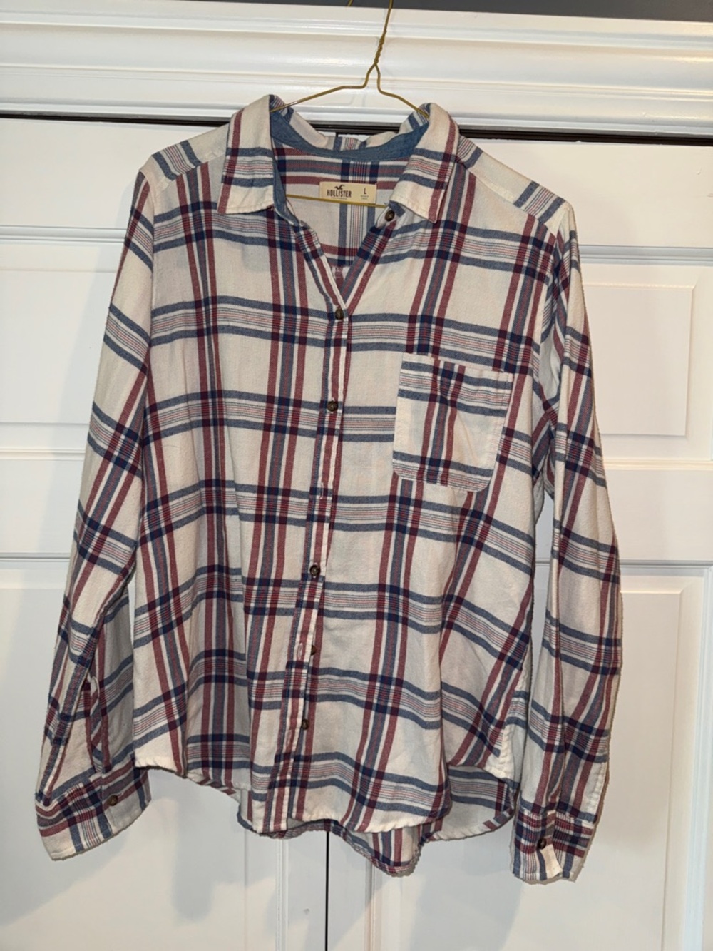 Hollister Cream Plaid Button-Up Shirt with Blue & Red Stripes